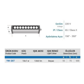 YCL YW-207B 18x1W 50cm Wallwasher Beyaz