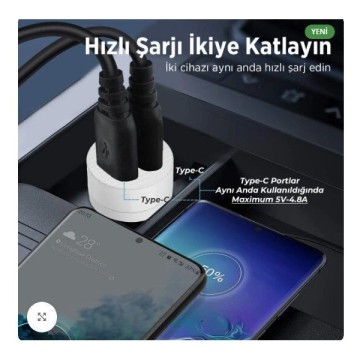 Bix BXCC65C 65W Çift Type-C Araç Şarj Cihazı Beyaz