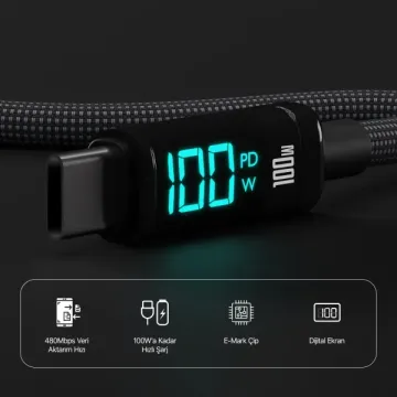 Bix BX09CC 100W Type-C Hızlı Şarj Kablosu 1m Siyah